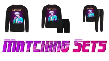 A collation of three men’s matching sets by 80s aesthetic retrowave 80s anime design in vaporwave stylish includes: Bella + Canvas Unisex Lounge Wear, Bella + Canvas Unisex Sweatshirt and Bella + Canvas Unisex Lounge Wear Set, with title in purple color font: MATCHING SETS