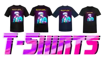 A collation of four men’s tees by 80s aesthetic retrowave 80s anime ‘NERD GIRL’ design with a stylish vaporwave vibe with a title in purple font: t-shirt.