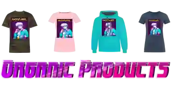 A collation of four women’s organic products with design "80s aesthetic retrowave anime” and contains products: Alternative Unisex Eco Camo T-Shirt, Women's Premium Organic T-Shirt, Unisex Organic Hoodie and Adidas Women's Recycled Performance T-Shirt in stylish by vaporwave vibe and with text in purple font: ORGANIC PRODUCTS.