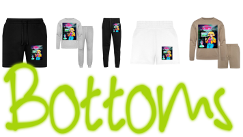 A verity showcase selection of women's bottom clothing items, printed on them graphic design about aesthetic vaporwave, products including: Jogger Short, Bella + Canvas Unisex Lounge Wear Set, Bella + Canvas Unisex Short, and Bella + Canvas Unisex Sweatshirt & Short Set. along with a green logo text "bottom".