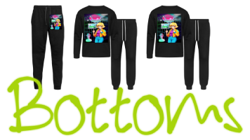 Men's Bottom clothing line showcased printed on them graphic design of classic anime blond girl wearing glasses fronted at retrowave grid and aesthetic vaporwave with title: "mallsoft" stylish and diverse collection of apparel for all occasions. And a script font text said “Bottom”