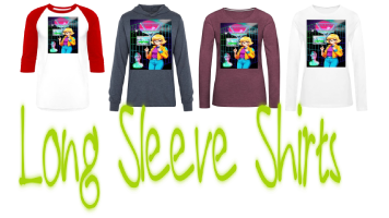 Assortment of women's long sleeve shirts with varying graphic designs of the retro 80s of retro anime girl wearing glasses with blonde short hair stand of background of blends of vaporwave and neon grid with the title: mallsoft. And with neon dark green text logo "long sleeve shirts".