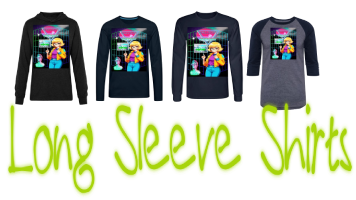 A collection of four men’s long sleeve shirts printed on them graphic design describes of a blonde anime nerd girl with glasses stand in front a glowing neon grid on retro vaporwave aesthetics vibes, along with upper title: “mallsoft”. Featuring a text dark green by script font letter “Long Sleeve Shirts”