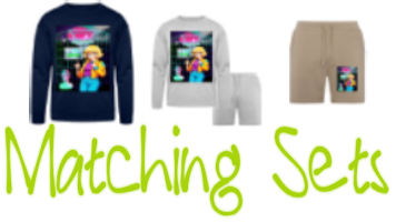 Marching sets in various colors, clothing, set a men’s, image on a shirt, shorts, and sweatshirts a graphic on them: a blonde anime girl wearing glasses stand in front neon grid with dreamlike retro vaporwave art style design. Along with text in script font “Marching Sets” by dark green.