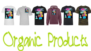 Assortment of women's eco-friendly clothing selection including: hoodies, sweatshirts, and tees with graphic designs of the classic anime girl with short blonde hair wearing glasses with background aesthetic vaporwave with title "Mallsoft". Green and brown logo with "organic products" text.