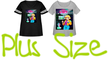 Two plus-size, women’s t-shirts in different color (on the left is black and he right is a white) for a curvy woman, both of them printed on them a graphic design described a blonde anime girl with curly hair wearing glasses stand in front neon grid with dreamlike retro vaporwave and upper title “mallsoft”. And shows the text “plus size” written in green letters.