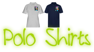 A pier of women's polo shirt each displaying a graphic design about anime girl in, stand at neon grid blended of aesthetics vaporwave with upper title: "mallsoft". And the eye-catching logo in green and yellow with "green".