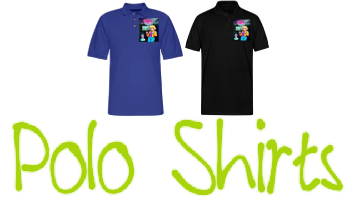 Tow men’s polo shirts are in different colors, in the left is a blue color and on the right is a black and both printed on them the graphic design by of a blonde anime girl with short hair and wearing glasses stands admits neon gird vaporwave-retrowave aesthetic featuring a title: “mallsoft”. Along with text dark green in scripts font letter: polo shirts.