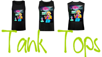 Showcasing of three of the black men's tank tops featuring a graphic design the retro anime girl wearing glasses with short hair, stands at retrowave grid blends with aesthetic vaporwave as printed on them, and a stylish text dark green letters "tank top" featuring a minimalist design.