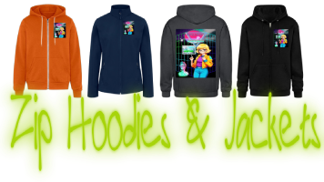 a colorful collection of four women's zip hoodies and sweatshirts printed on them graphic design of the anime girl with short hair, wearing glasses stand out at neon grid with retro vaporwae aesthetic along with upper title: Mallfoft, a neon singe glowing with word "zip hoodies & sweatshirts"