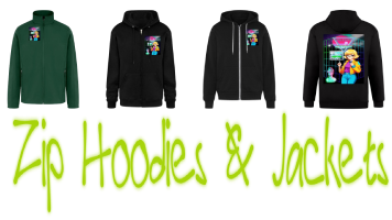 Collection of stylish men's zip hoodies and jackets on display for sale including four items featuring graphic design of the 80s anime short blonde hair in the retro vaporwave aesthetic art style. Also a text with Script fonts "zip hoodies & jackets" by dark green letters.