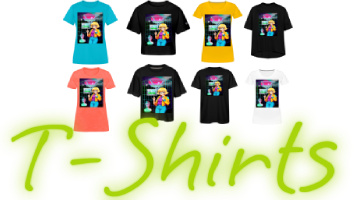 Array of multi-colored women's t-shirts showcasing graphic design of the retro 80s anime nerd girl with blonde short hair stand front aesthetic vaporwave of neon grid along with upper title: "Mallsoft". Also, with a neon sign in green displaying the word "T-Shirts".