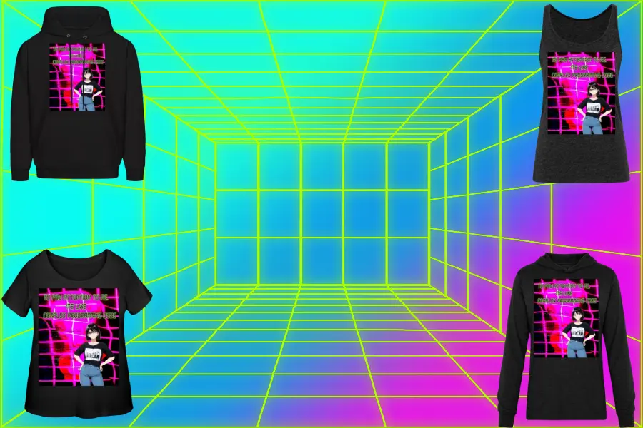 A colorful gradient background with a grid pattern and with square, showcased a vibrant hue blend of vaporwave-retrowave graphic design, featuring items of clothing printed on then a graphic of the anime nerd girl stand at the fabric grid of purple vaporwave background.