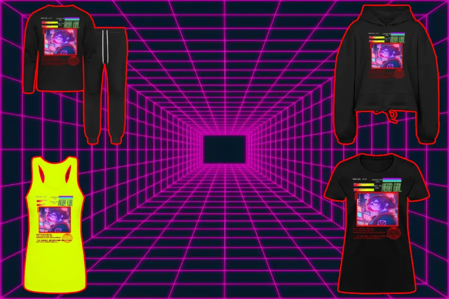 A retrowave-vaporwave vibrant and black background with purple neon grid and a square in center. Featuring various of products clothing, printed on them a graphic design of anime nerd girl in cyberpunk-vaporwave landscape city.