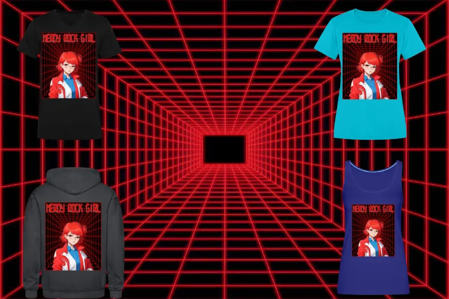 A red and black glowing with square in the center, showcasing retrowave-vaporwave atmospheric. Grid Featuring various of products clothing, printed on them a graphic design of redhead anime nerd girl stands at red grids with upper “nerdy ruck girl” along with digital font text.