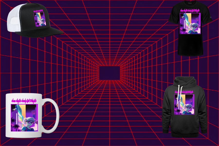 A vibrant-purple background with red grid and a square in the center inspired by 80s retro wave, featuring collection including hat, hoodie, t-shirt, and white mug, printed on them a graphic design retro anime nerd girl in vaporwave aesthetics art.