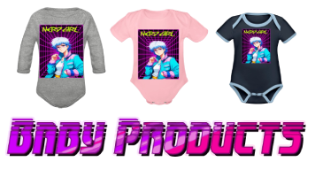 A variety of aesthetic vaporwave baby products for kids & babies design the 80s aesthetic retrowave anime ‘’NERD GIRL’’ including items: Organic Short Sleeve Baby Bodysuit, Organic Long Sleeve Baby Bodysuit, and Organic Contrast SS Baby Bodysuit with text in purple and pink: BABY PRODUCTS.