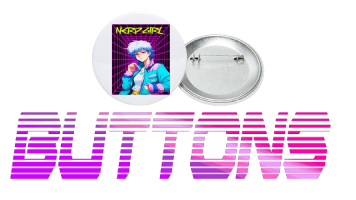 A two button one of them is fronted with printed on it aesthetic retro wave and vaporwave design, with a text bold "BUTTON".