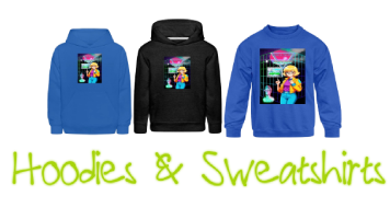 Three kids' shirts, hoodies and sweatshirts in, in center is a black hoodie is a black and the rest is blue colors featuring prints of graphic designs of anime nerd girl with blonde short hair grown at retro grid themed by vaporwave vibes along with cantered title: “mallsoft”. Also, a text green in script font “Hoodies & Sweatshirts”.