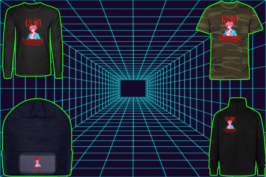 An abstract background of deep purple color with neon grid lines, theme for retrowave 80s art style. featuring clothing products including” long sleeve shir, military shirts, barnies and zip athletics hoodie, printed on them a pink hair anime girl with quote.