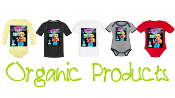 A selection showcasing different styles and color collection of kids and babies of eco-friendly including products: Toddler Premium Organic T-Shirt, Baby Organic T-Shirt, Organic Short Sleeve Baby Bodysuit, Organic Long Sleeve Baby Bodysuit, and Organic Contrast SS Baby Bodysuit, with graphic design printed on them describe: a blonde anime girl wearing glasses stand in front neon grid with dreamlike retro vaporwave in art style design. Featuring Organic Products lettered in green script font.