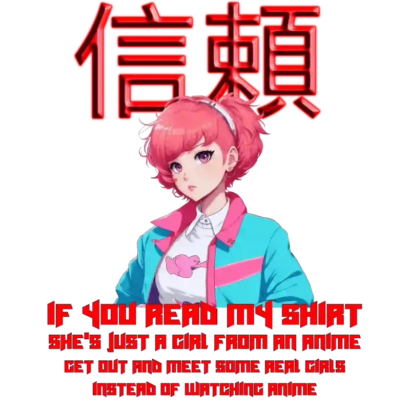 A young anime-inspired girl with red vibrant hair and large eyes – the girl seems to be lost in her thoughts; in the background of the picture, one could observe Japanese hieroglyphs as well as a quote in English.