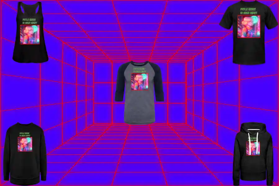 A Red abstract centered in background blue in retrowave-vaporwave art style. And A collection of t-shirts and hoodies showcasing the various graphic designs of retrowave aesthetic with title "NERD GIRL".