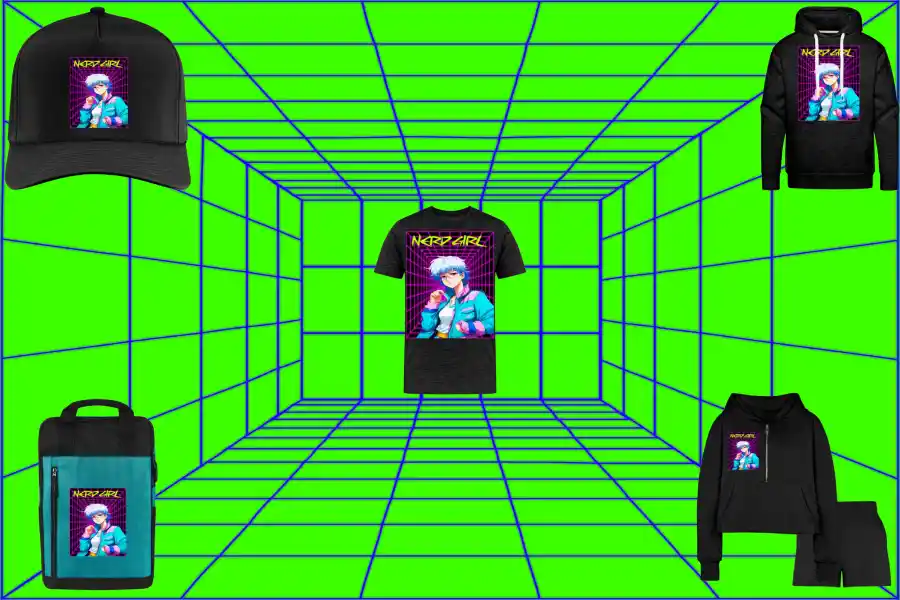 A retro retro vaporwave green background featuring a glowing geometric grid pattern by blue color, centered with a black collection product: black hat, a hoodie, and bag printed on them a graphic design of retrowave aesthetic with title "NERD GIRL".