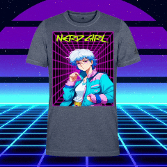 A retrowave sunset backdrop with a range of t-shirts and a hoodie with tow male modals. They have a T-shirt representing a retro anime girl with a badge saying ‘nerd girl’.