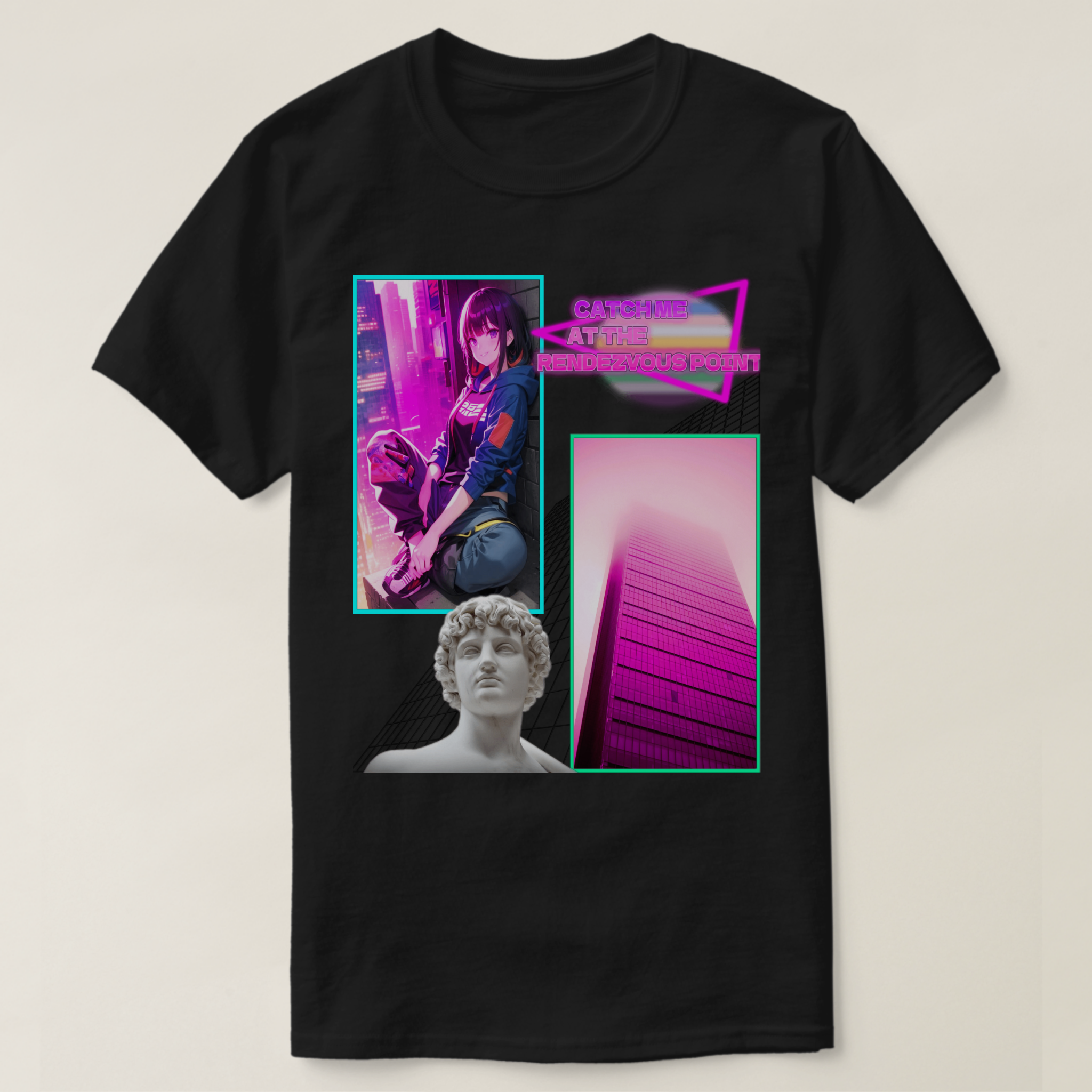 A Basic Dark T-Shirt with Black color. Printed on it Two rectangles, each one with a different drawing on It. On the left rectangle is based on a drawing, a vibrant atmosphere and a sitting girl at wall, on the right rectangles is a building photo, below in the picture, their vaporwave statue, and at the up photo their retro wave title: CATCH ME AT RENDZVOUS POINT.