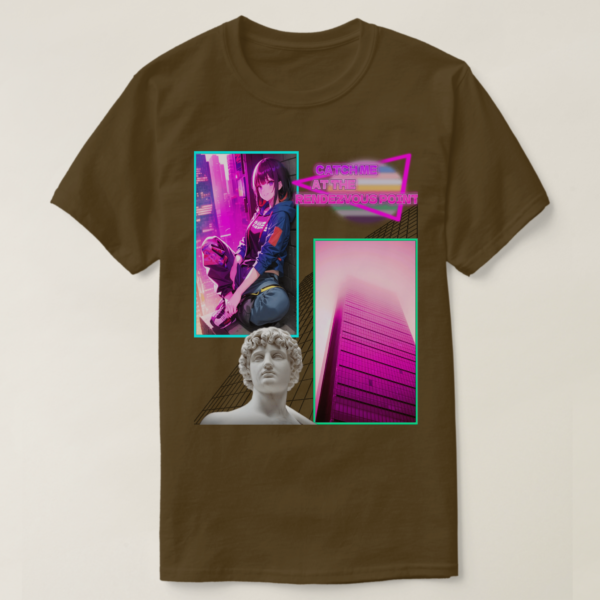 A Basic Dark T-Shirt with Brown color. Printed on it Two rectangles, each one with a different drawing on It. On the left rectangle is based on a drawing, a vibrant atmosphere and a sitting girl at wall, on the right rectangles is a building photo, below in the picture, their vaporwave statue, and at the up photo their retro wave title: CATCH ME AT RENDZVOUS POINT.