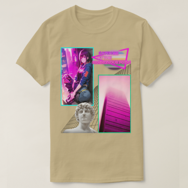 A Basic Dark T-Shirt Brown Savana color. Printed on it Two rectangles, each one with a different drawing on It. On the left rectangle is based on a drawing, a vibrant atmosphere and a sitting girl at wall, on the right rectangles is a building photo, below in the picture, their vaporwave statue, and at the up photo their retro wave title: CATCH ME AT RENDZVOUS POINT.