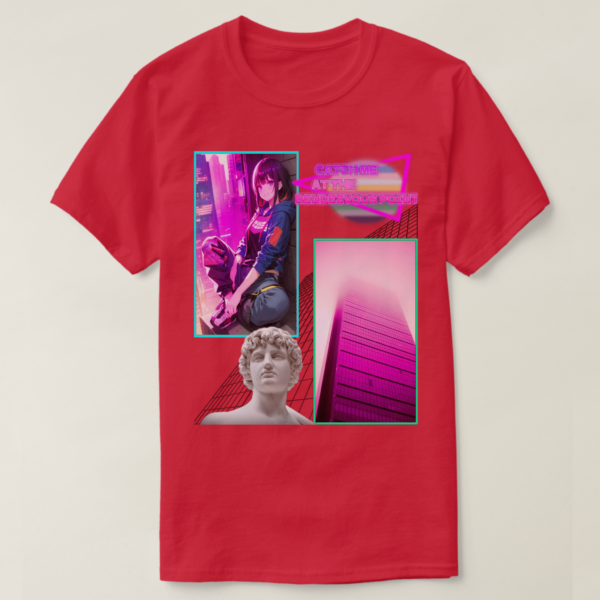 A Basic Dark T-Shirt Cardinal color. Printed on it Two rectangles, each one with a different drawing on It. On the left rectangle is based on a drawing, a vibrant atmosphere and a sitting girl at wall, on the right rectangles is a building photo, below in the picture, their vaporwave statue, and at the up photo their retro wave title: CATCH ME AT RENDZVOUS POINT.