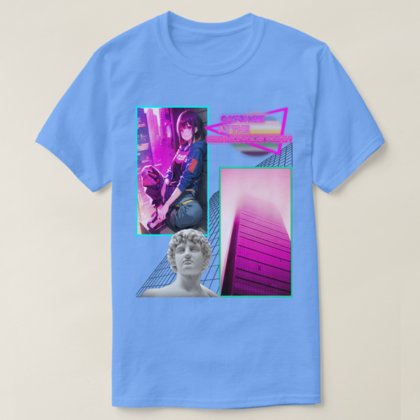 A Basic Dark T-Shirt with Carolina Blue color. Printed on it Two rectangles, each one with a different drawing on It. On the left rectangle is based on a drawing, a vibrant atmosphere and a sitting girl at wall, on the right rectangles is a building photo, below in the picture, their vaporwave statue, and at the up photo their retro wave title: CATCH ME AT RENDZVOUS POINT.