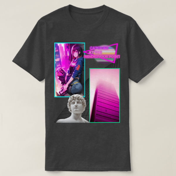 A Basic Dark T-Shirt with Charcoal Heather color. Printed on it Two rectangles, each one with a different drawing on It. On the left rectangle is based on a drawing, a vibrant atmosphere and a sitting girl at wall, on the right rectangles is a building photo, below in the picture, their vaporwave statue, and at the up photo their retro wave title: CATCH ME AT RENDZVOUS POINT.