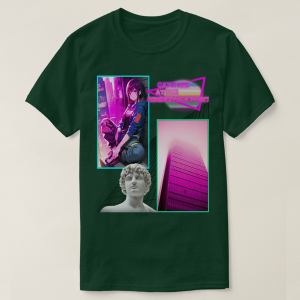 A Basic Dark T-Shirt Dark Grey color. Printed on it Two rectangles, each one with a different drawing on It. On the left rectangle is based on a drawing, a vibrant atmosphere and a sitting girl at wall, on the right rectangles is a building photo, below in the picture, their vaporwave statue, and at the up photo their retro wave title: CATCH ME AT RENDZVOUS POINT.