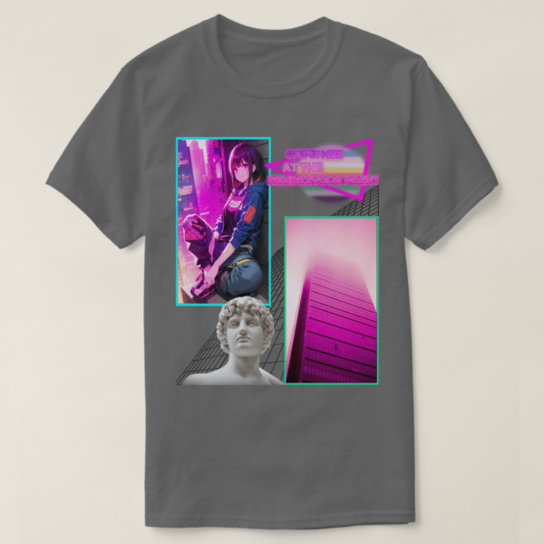 A Basic Dark T-Shirt with Dark Grey color. Printed on it Two rectangles, each one with a different drawing on It. On the left rectangle is based on a drawing, a vibrant atmosphere and a sitting girl at wall, on the right rectangles is a building photo, below in the picture, their vaporwave statue, and at the up photo their retro wave title: CATCH ME AT RENDZVOUS POINT.