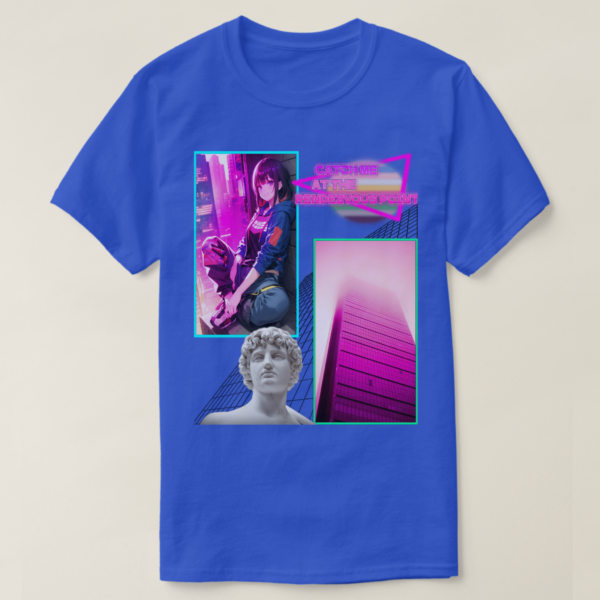 A Basic Dark T-Shirt with Deep Royal color. Printed on it Two rectangles, each one with a different drawing on It. On the left rectangle is based on a drawing, a vibrant atmosphere and a sitting girl at wall, on the right rectangles is a building photo, below in the picture, their vaporwave statue, and at the up photo their retro wave title: CATCH ME AT RENDZVOUS POINT.