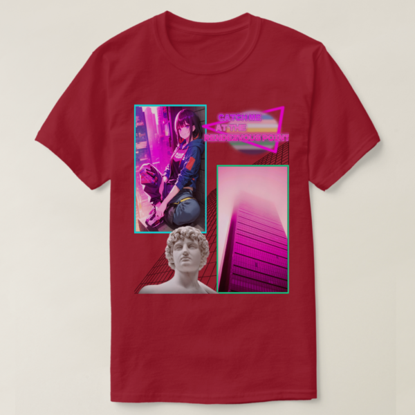 A Basic Dark T-Shirt Maroon color. Printed on it Two rectangles, each one with a different drawing on It. On the left rectangle is based on a drawing, a vibrant atmosphere and a sitting girl at wall, on the right rectangles is a building photo, below in the picture, their vaporwave statue, and at the up photo their retro wave title: CATCH ME AT RENDZVOUS POINT.