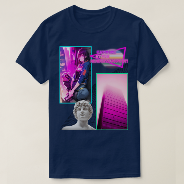 A Basic Dark T-Shirt Navy Blue color. Printed on it Two rectangles, each one with a different drawing on It. On the left rectangle is based on a drawing, a vibrant atmosphere and a sitting girl at wall, on the right rectangles is a building photo, below in the picture, their vaporwave statue, and at the up photo their retro wave title: CATCH ME AT RENDZVOUS POINT.