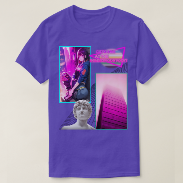 A Basic Dark T-Shirt Purple color. Printed on it Two rectangles, each one with a different drawing on It. On the left rectangle is based on a drawing, a vibrant atmosphere and a sitting girl at wall, on the right rectangles is a building photo, below in the picture, their vaporwave statue, and at the up photo their retro wave title: CATCH ME AT RENDZVOUS POINT.