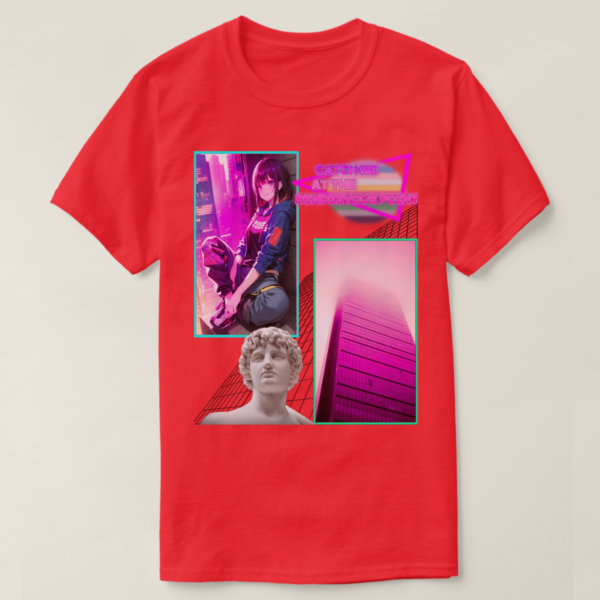 A Basic Dark T-Shirt with Red color. Printed on it Two rectangles, each one with a different drawing on It. On the left rectangle is based on a drawing, a vibrant atmosphere and a sitting girl at wall, on the right rectangles is a building photo, below in the picture, their vaporwave statue, and at the up photo their retro wave title: CATCH ME AT RENDZVOUS POINT.