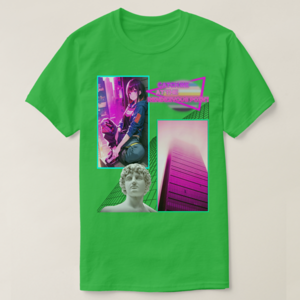 A Basic Dark T-Shirt Shamrock Green color. Printed on it Two rectangles, each one with a different drawing on It. On the left rectangle is based on a drawing, a vibrant atmosphere and a sitting girl at wall, on the right rectangles is a building photo, below in the picture, their vaporwave statue, and at the up photo their retro wave title: CATCH ME AT RENDZVOUS POINT.