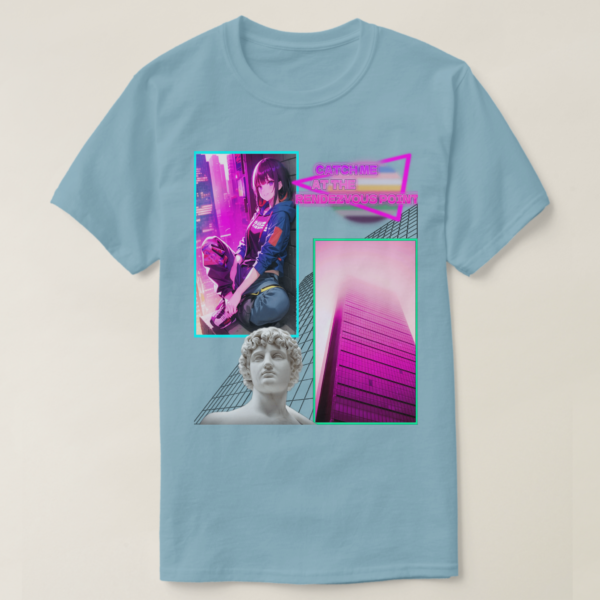 A Basic Dark T-Shirt Stonewashed Blue color. Printed on it Two rectangles, each one with a different drawing on It. On the left rectangle is based on a drawing, a vibrant atmosphere and a sitting girl at wall, on the right rectangles is a building photo, below in the picture, their vaporwave statue, and at the up photo their retro wave title: CATCH ME AT RENDZVOUS POINT.