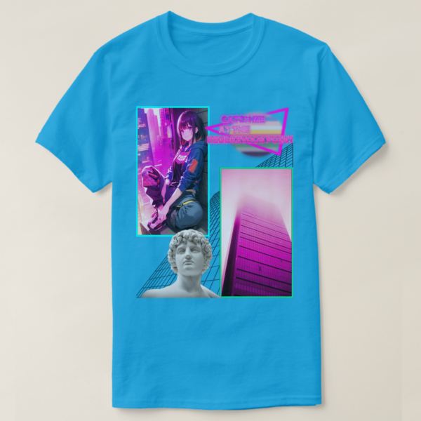 A Basic Dark T-Shirt Teal color. Printed on it Two rectangles, each one with a different drawing on It. On the left rectangle is based on a drawing, a vibrant atmosphere and a sitting girl at wall, on the right rectangles is a building photo, below in the picture, their vaporwave statue, and at the up photo their retro wave title: CATCH ME AT RENDZVOUS POINT.