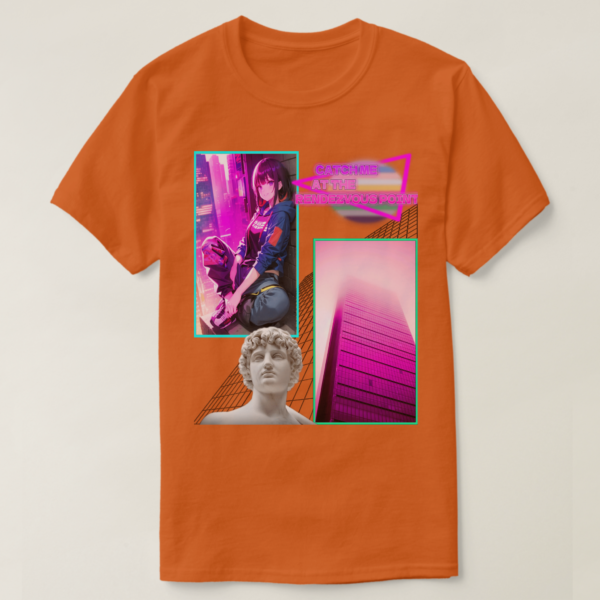 A Basic Dark T-Shirt Texas Orange color. Printed on it Two rectangles, each one with a different drawing on It. On the left rectangle is based on a drawing, a vibrant atmosphere and a sitting girl at wall, on the right rectangles is a building photo, below in the picture, their vaporwave statue, and at the up photo their retro wave title: CATCH ME AT RENDZVOUS POINT.