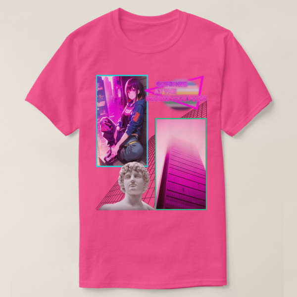 A Basic Dark T-Shirt Wow Pink color. Printed on it Two rectangles, each one with a different drawing on It. On the left rectangle is based on a drawing, a vibrant atmosphere and a sitting girl at wall, on the right rectangles is a building photo, below in the picture, their vaporwave statue, and at the up photo their retro wave title: CATCH ME AT RENDZVOUS POINT.