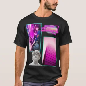 A full front man design front basic Dark T-Shirt by black. Printed on it: Two rectangles, each one with a different drawing on It. On the left rectangle is based on a drawing, a vibrant atmosphere and a sitting girl at wall, on the right rectangles is a building photo, below in the picture, their vaporwave statue, and at the up photo their retro wave title: CATCH ME AT RENDZVOUS POINT.