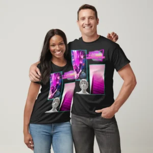 Man and woman wearing basic Dark T-Shirt by black color. Printed on it: Two rectangles, each one with a different drawing on It. On the left rectangle is based on a drawing, a vibrant atmosphere and a sitting girl at wall, on the right rectangles is a building photo, below in the picture, their vaporwave statue, and at the up photo their retro wave title: CATCH ME AT RENDZVOUS POINT.