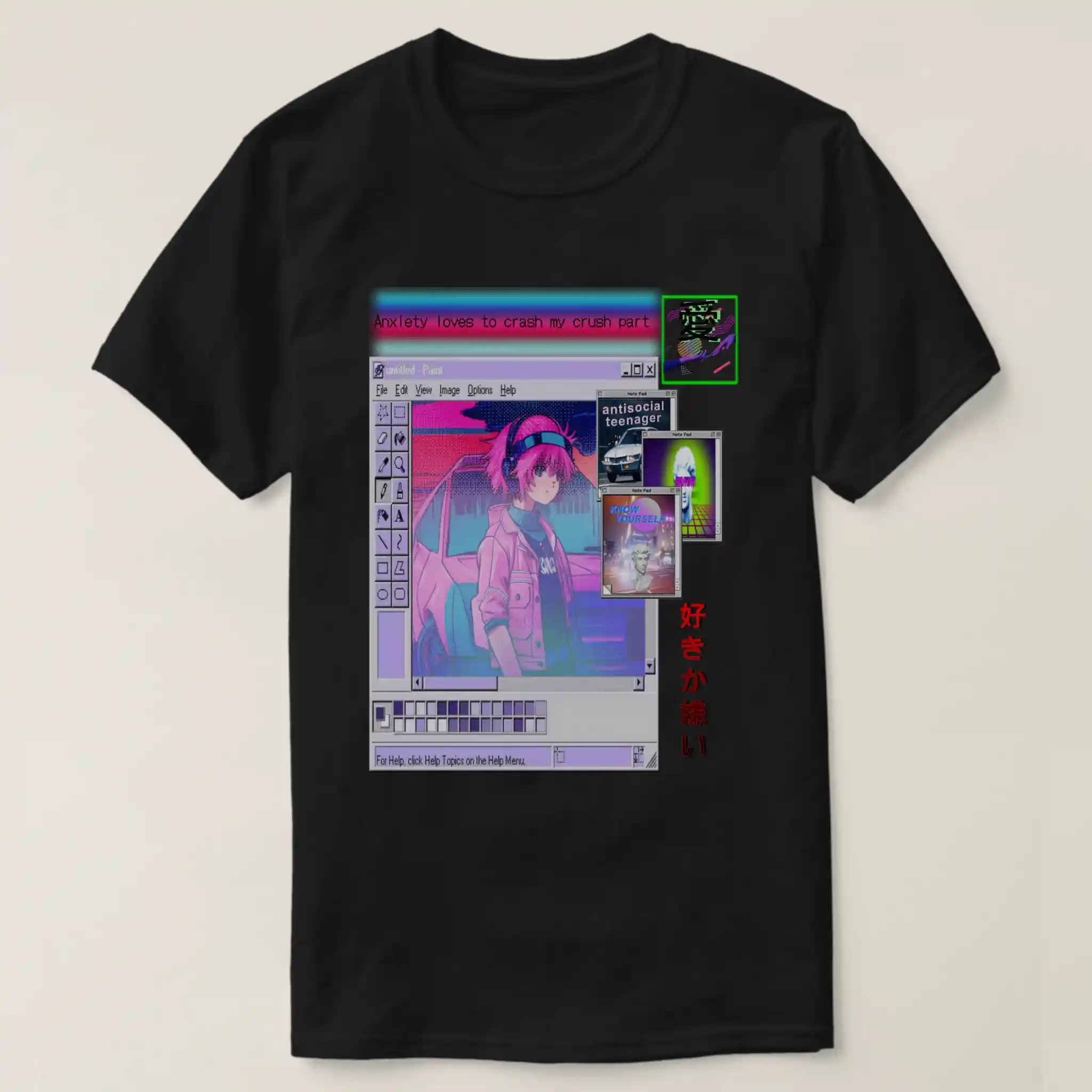 A fronted unisex basic dark t-shirt Black color. Printed on it a graphic design which describe: A colorful rainbow with shades of light blue, dark blue, purple, and white, displaying the title "ANXLTY LOVES TO MYY CRUSH PART.", with Hands reaching out to one another, framed by a lively neon green and colorful vaporwave aesthetic backdrop. An image of untitled pint, inside it a vaporwave grunge aesthetic of anime retro 90s posing at car. And last their three note pods. The first one is a car with title antisocial teenager, the second is a retrowave grid with roman vaporwave status with glitching title “ERROR”. And the last note pod, the third glowing light city with sunset title “KNOW YOURSELF” and the center 3D cartoonish status. On the right, a red vertical writing in Japanese.